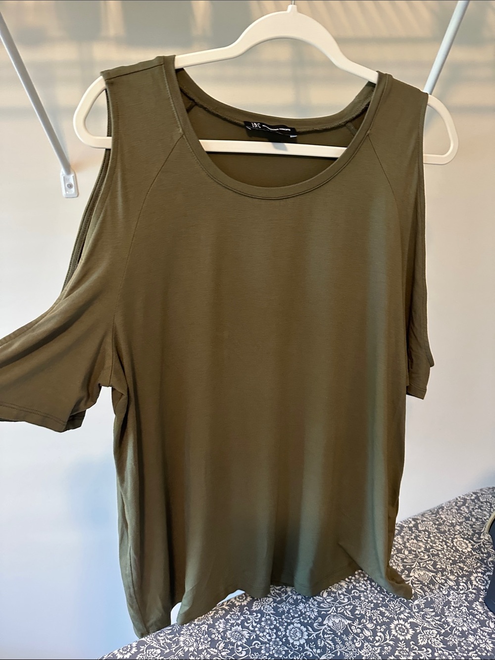 INC International Concepts Olive Cold-Shoulder Tee